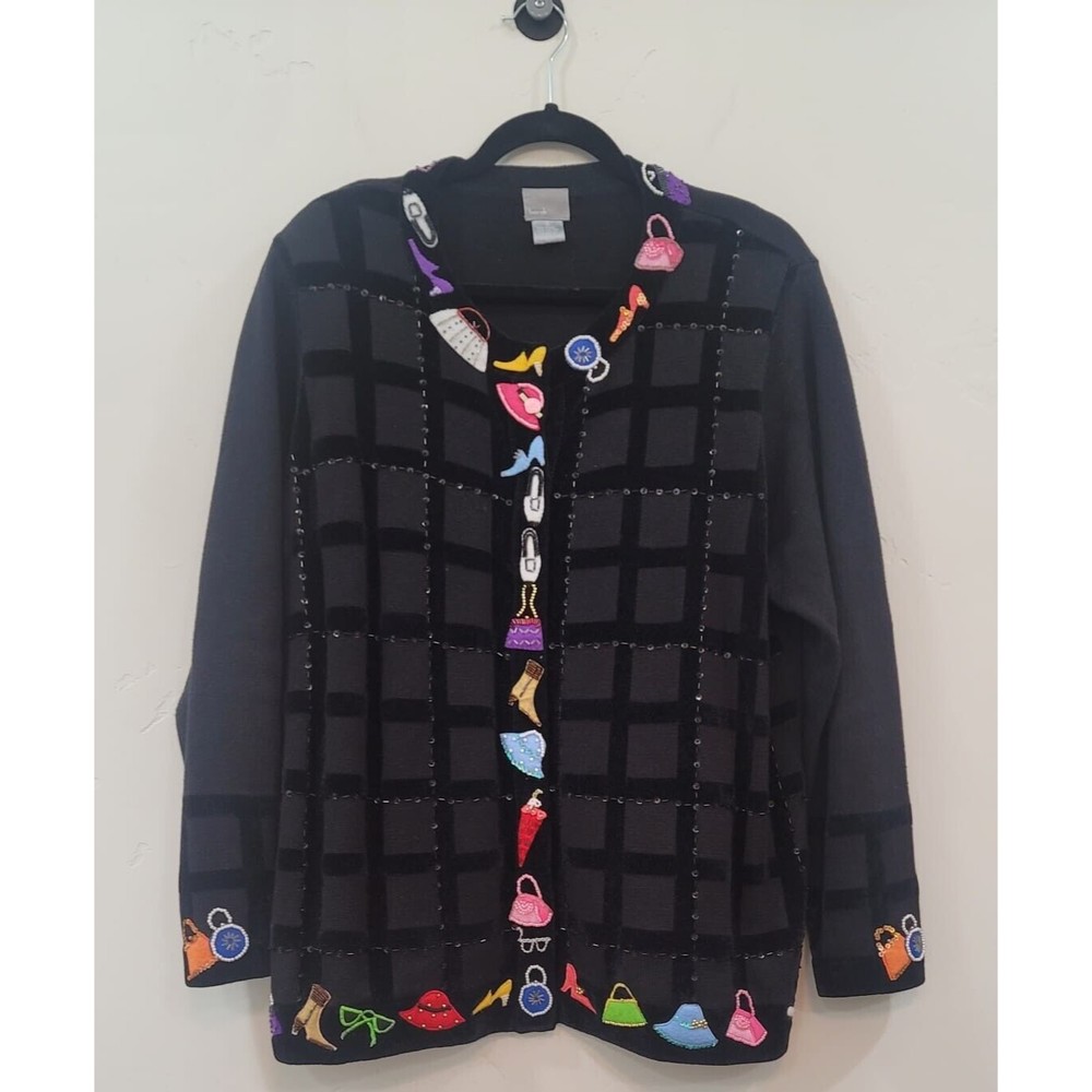 Berek Vintage Beaded Sequin Black Applique Women Cardigan Sweater Women Sz.1X